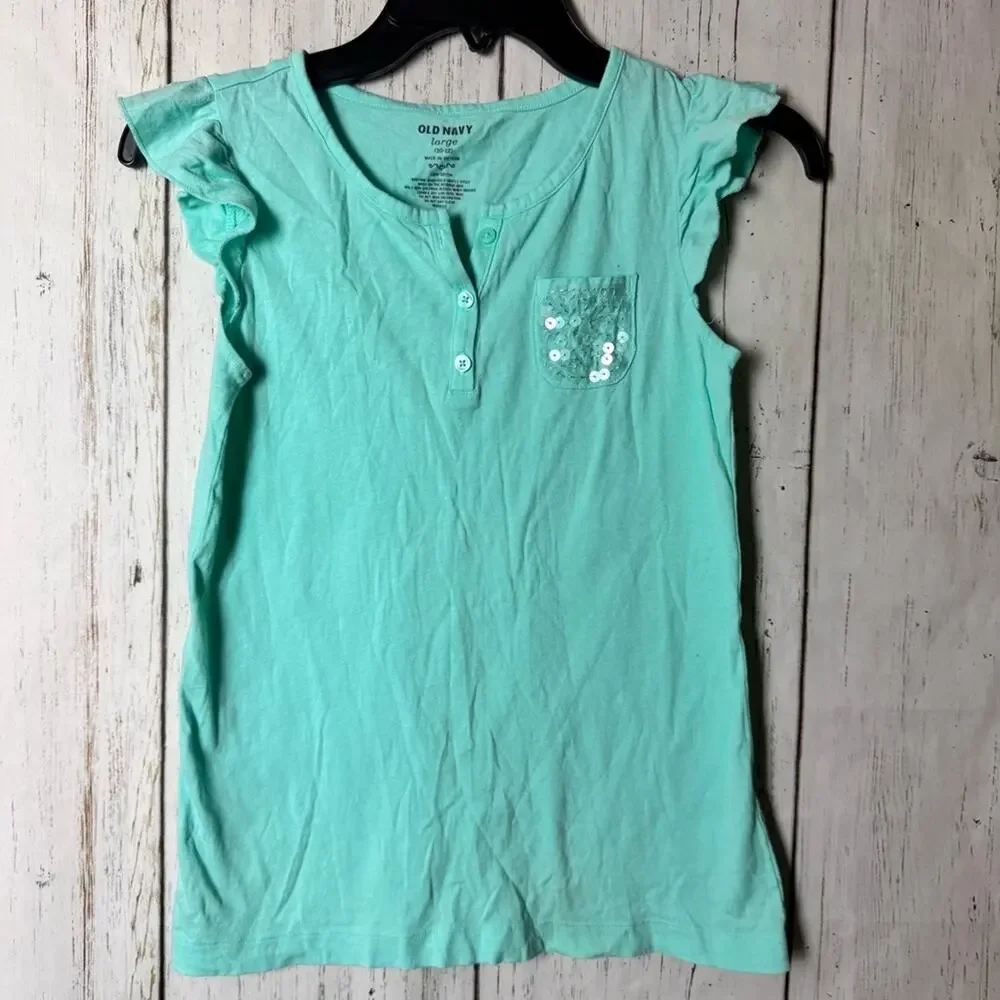 Old Navy Kids Aqua Sequin Pocket  Short Ruffle Sleeve With button Detail Sz L